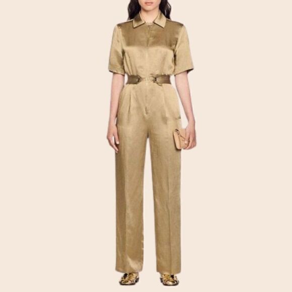 Sandro Gold Olive Green Sisteron Satin Zip Jumpsuit - Picture 1 of 16